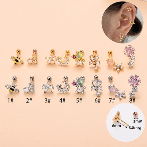 Cartilage Stud Earrings Copper Stainless Steel Post Zircon Helix Piercing Jewelry Ball Screw Back Flower Bee Bear Moon Shape