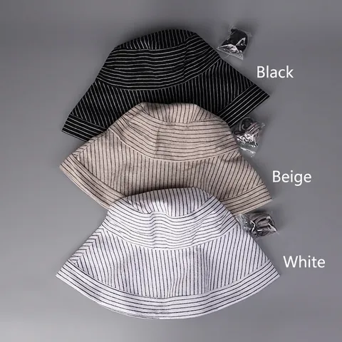 Striped Cotton Linen Bucket Hat Wide Brim Breathable Sunshade Foldable Summer Beach Sun Hat For Women With Windproof Rope