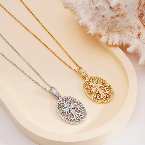 Collana con Pendente a Croce Albero della Vita in Rame Placcato Oro Argento Con Zirconia Madreperla Gioielli Donna