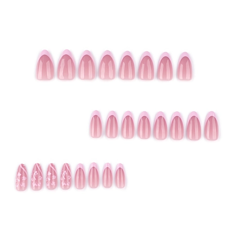 Uñas Postizas Con Forma De Almendra Estilo Francés Rosa Con Patrón De Flores Blancas Material ABS Brillante Para Mujeres Manicura Elegante