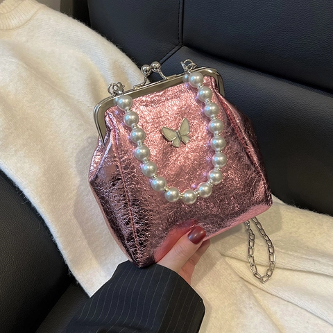 Women Crossbody Bag PU Artificial Pearl Handle Metal Chain Butterfly Vintage Kiss Lock Evening Party Chic Small Square Handbag