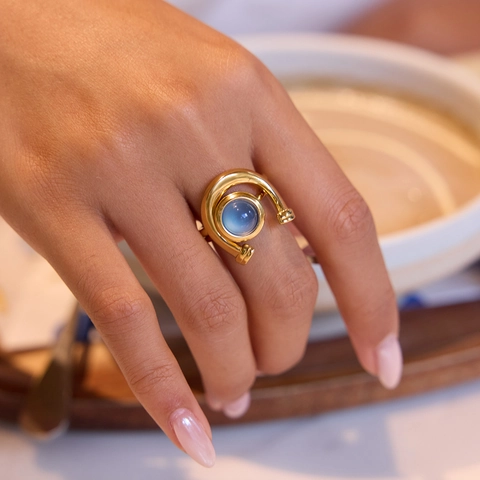 Anello A Ferro Di Cavallo E Anello Con Pietra Blu Acciaio Inossidabile Impermeabile Ipoallergenico Gioielli Donna