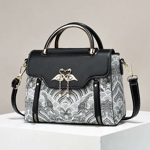 Women Handbag PU Leather Embroidery Shoulder Crossbody Bag Metal Ring Grip Swan Buckle Artificial Pearl Tassel Fashion Casual