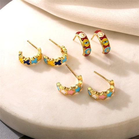 Enamel C Shape Hoop Earrings Copper 18K Gold Plated Evil Eye Butterfly Star Bohemian Jewelry For Women