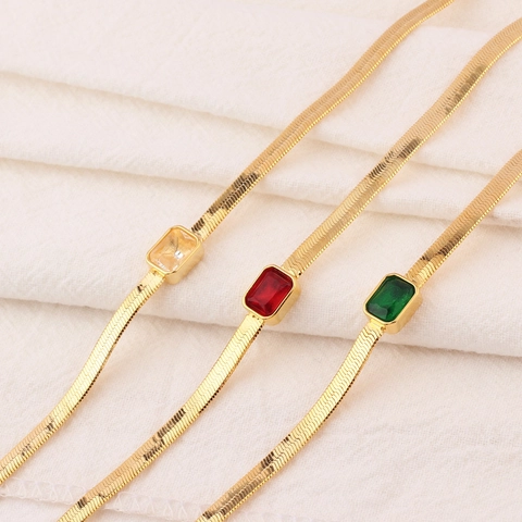 Emerald Cut Zircon Pendant Necklace 18K Gold Plated Copper Flat Snake Bone Chain Women Simple Elegant Fashion Jewelry