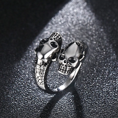 Dubbele Schedel Open Verstelbare Ring Legering Slangenschubben Textuur Gothic Punk Sieraden Voor Heren En Dames