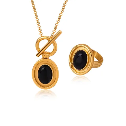 Vintage Titanium Steel Agate Oval Pendant Necklace Ring Set Gold Silver Toggle Clasp OT Buckle Jewelry For Men Women