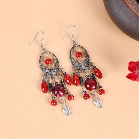 Böhmische Ethnische Hängeohrringe Legierung Hohl Oval Acrylperlen Blattanhänger Silver Earring Post Damen Vintage Stil