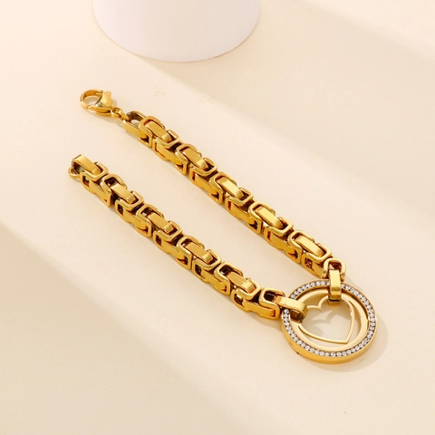 Hollow Heart Pendant Bracelet Stainless Steel Byzantine Box Link Chain With Rhinestones Gold Plated Jewelry For Women