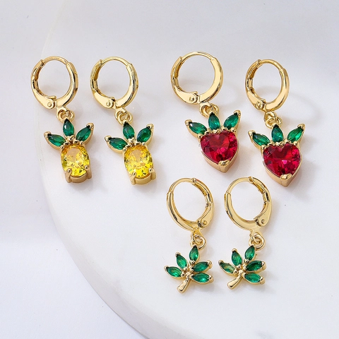Pineapple Strawberry Leaf Dangle Earrings Copper Gold Plated With Colorful Zircon For Women Cute INS Style Accessory