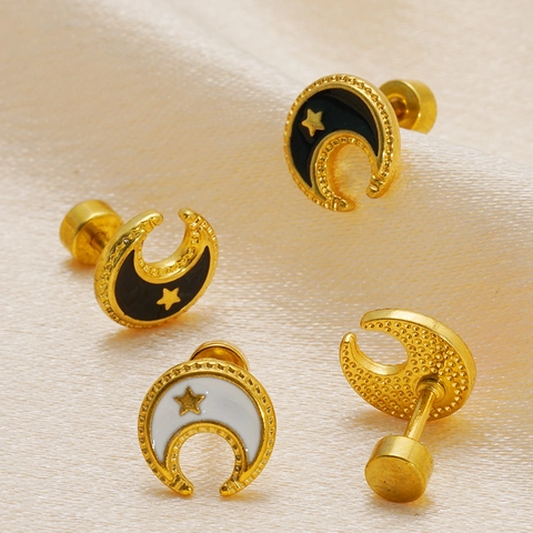 Moon And Star Stud Earrings Stainless Steel 18K Gold Plated Enamel Celestial Screw Back Sweet Fashion Jewelry For Women