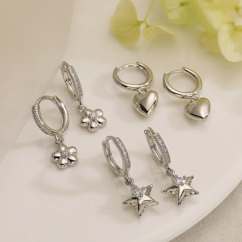 Copper Zircon Hoop Drop Earrings Heart Star Flower Shape Elegant Versatile Jewelry For Women Simple Daily Accessory