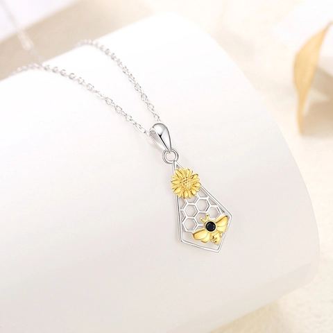 925 Sterling Zilver Honingbij Zonnebloem Honingraat Hanger Ketting Goud Zilver Tweekleurig Zirconia Natuur Sieraden Dames Cadeau