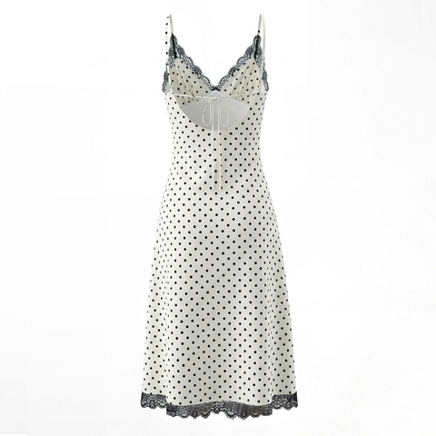 Vestido Maxi De Lunares Encaje Cuello En V Satén Camisola Sin Mangas Cintura Alta Sexy Espalda Descubierta Largo Para Mujer