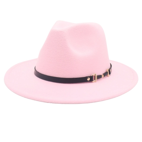 Vintage Wide Brim Fedora Hat Woolen Felt Jazz Cap With Leather Band Metal Buckle Solid Color Elegant Fashion Accessory