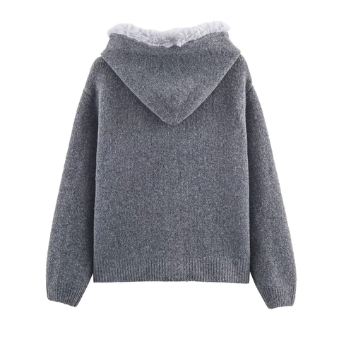 Women Knitted Hooded Cardigan Faux Fur Trim Braided Drawstring Tassel Button Down Sweater Polyester Nylon Spandex Casual