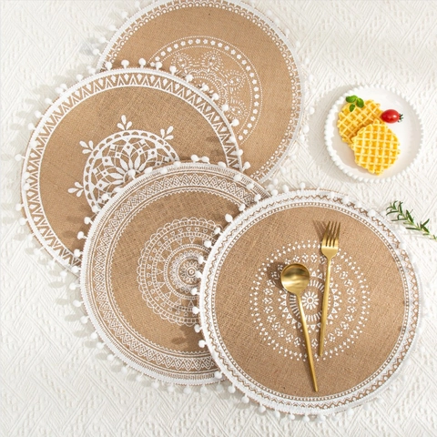 Set De Table Rond En Jute Tissé Motif Mandala Avec Glands Décoration De Table À Manger Bohème Résistant À La Chaleur