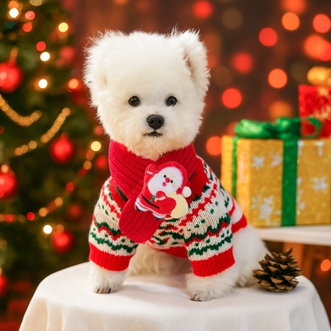 Christmas Pet Scarf Knit Polyester Red Green White Reindeer Santa Claus Decorative Neck Warmer For Dogs And Cats