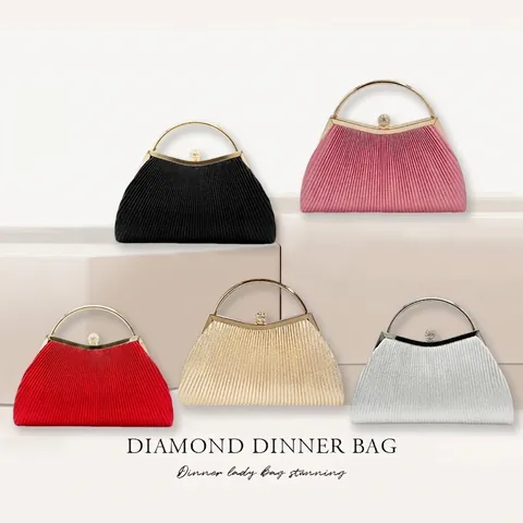 Pleated Evening Clutch Bag With Round Metal Handle And Rhinestone Clasp Elegant Handheld Party Dinner Purse For Women