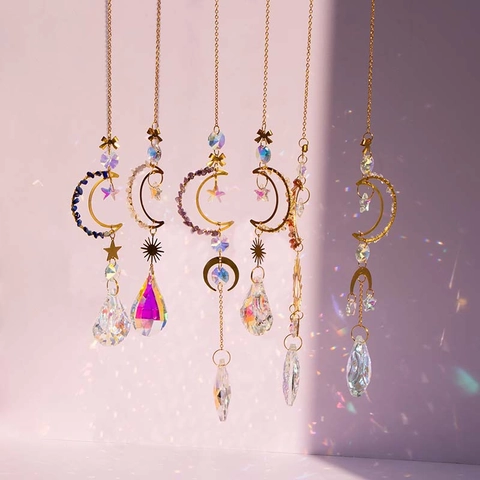Crystal Suncatcher Hanging Ornament Moon Star Gold Metal Prism Rainbow Maker Home Garden Window Decoration Natural Stone