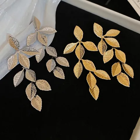 Pendientes Colgantes De Hoja Con Poste De Plata De Ley 925 Cobre Planta Texturizada Gota Larga Joyería Elegante Para Mujeres