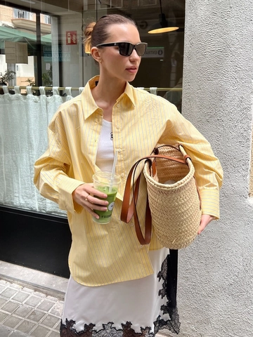 Gestreepte Overhemd Met Lange Mouwen Oversized Button-Down Blouse Revers Losse Pasvorm Casual Streetwear Voor Dames Geel