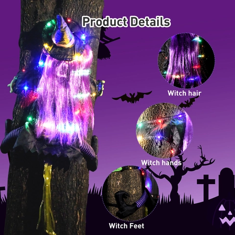 Halloween Krachende Hexe Dekoration LED Beleuchtung Außen Baum Ornament Requisite Lila Haare Gestreifte Strümpfe Nylon Stoff Gruselig