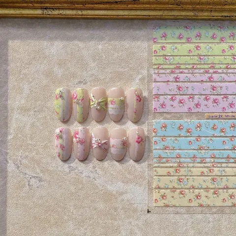 Retro Floral Nail Art Stickers And Press On Nails Japanese Style Flower Decals For Manicure Decoration Elegant Vintage Aesthetic Women Girls