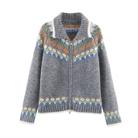 Cardigan In Maglia Fair Isle Da Donna Con Cerniera Poliestere Spandex Manica Lunga Retro Jacquard Geometrico Caldo