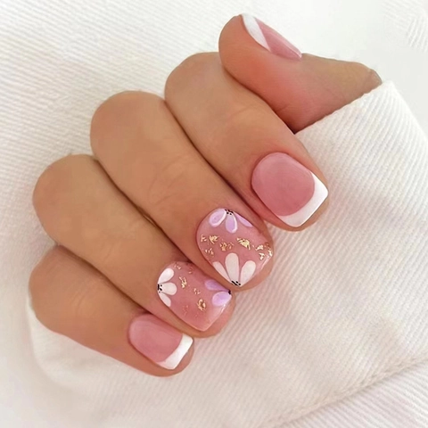 Matte Press On Nails Short Square French White Tip Purple Floral Gold Foil Sweet Style Fake Nails For Women