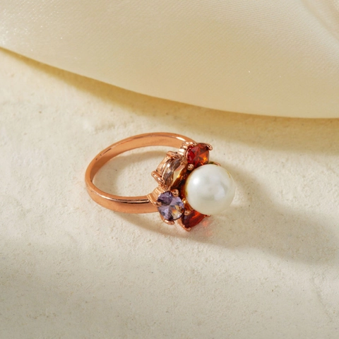 Vintage Copper Flower Ring With Artificial Pearl Multicolor Zirconia Rhinestone Inlaid Rose Gold Luxury Jewelry For Women