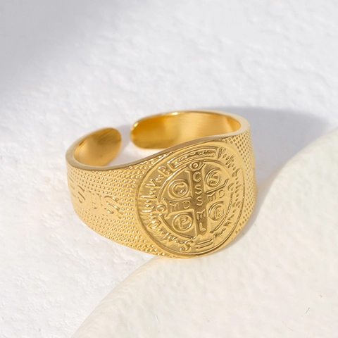 Anello Medaglia San Benedetto Acciaio Inossidabile Croce Religiosa Gesù Inciso Regolabile Aperto Gioielli Retro Per Uomini Donne
