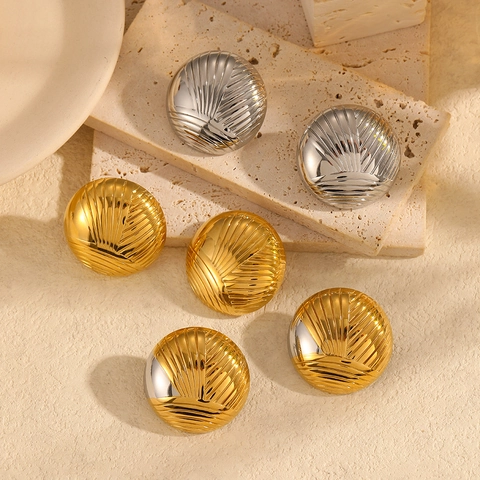 Round Dome Stud Earrings Stainless Steel 18K Gold Plated Radial Texture Retro Minimalist Fashion Jewelry For Women
