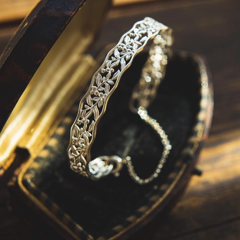 925 Sterling Silver Vintage Hollow Pattern Open Bracelet Adjustable Silver Gold Plated Filigree Cuff Bangle Jewelry For Women Gifts