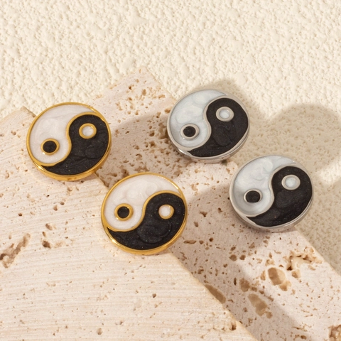 Boucles D Oreilles Tai Chi Yin Yang Acier Inoxydable 304 Emaille Rond Style Chinois Vintage Bijoux De Piercing Femme