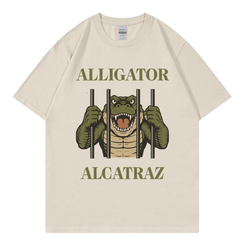 Men Cotton T-Shirt Round Neck Short Sleeve Alligator Alcatraz Graphic Print Funny Retro Casual Breathable Top