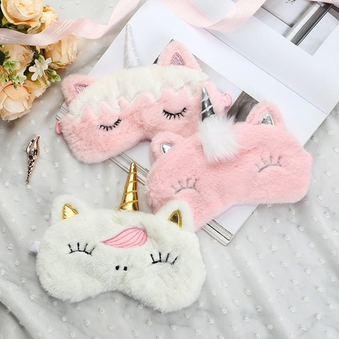 Cute Plush Unicorn Sleep Eye Mask Soft Faux Rabbit Fur Blackout Blindfold Cartoon Eyemask For Travel Nap