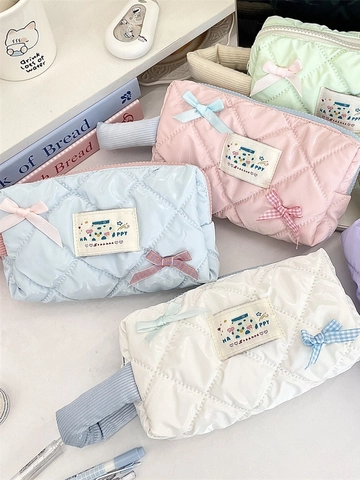Astuccio Trapuntato Lucido Organizzatore Trucco Fiocco Grande Capacità Stile Coreano Custodia Carina Per Studentesse Ragazze