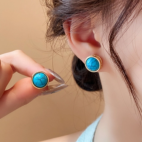 Vintage Runde Türkis Ohrstecker Gold Vergoldet Kupfer Zirkonia Silver Earring Post Ethnischen Stil Für Frauen