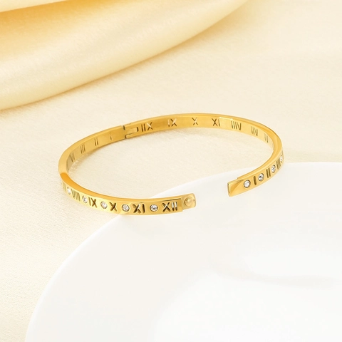 Bracciale Rigido Acciaio Inossidabile Numeri Romani Cavo Zirconia Cubica Intarsiato Accessorio Moda Retro Lusso Donne