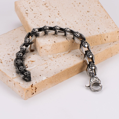 Pulsera De Cadena De Eslabones Con Cabeza De Calavera Punk Vintage Gótico Acero Inoxidable 304 Para Hombres