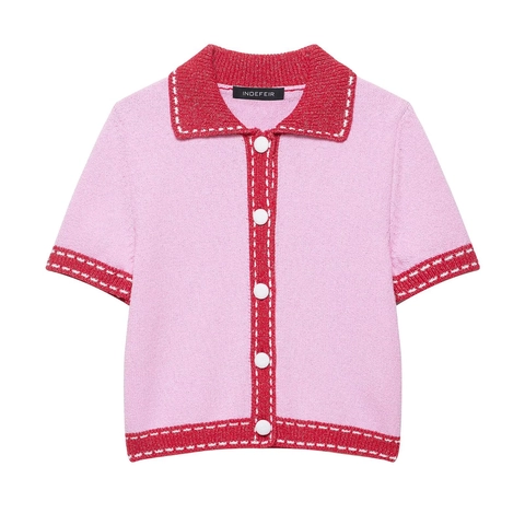 Cardigan In Maglia A Maniche Corte Da Donna Collo Polo Contrasto Colore Con Bottoni Stile Preppy Elegante