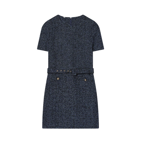 Elegante Tweed Mini Jurk Korte Mouwen Ronde Hals Met Riem Gouden Knopen Vintage Boucle Jurk Dames