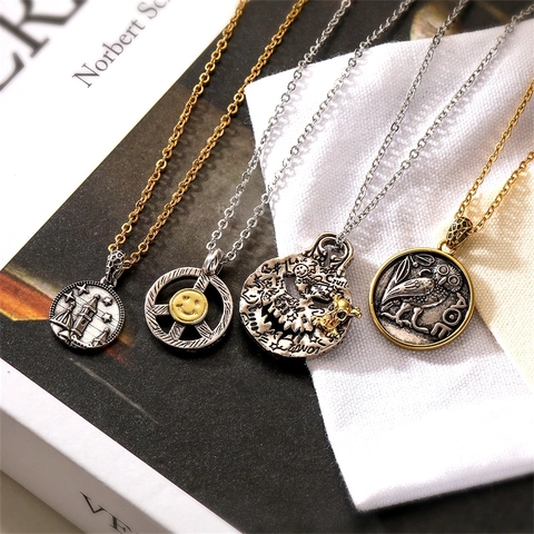 Collana Con Pendente In Rame Retro Vintage Punk Teschio Gufo Segno Della Pace Catena Metallo Hip Hop