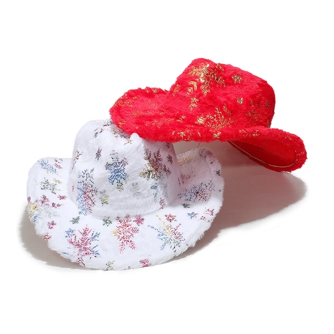 Chapeau De Cowboy De Noël En Peluche Western Jazz Or Estampage Flocon De Neige Plume Motif Accessoire De Fête Pour Adultes