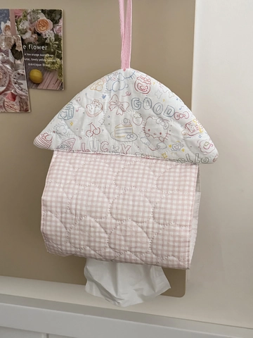 Hanging Tissue Box Cover Quilted Cotton Fabric House Shaped Heart Pattern Portable Paper Holder Case For Car Home Wall