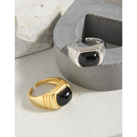 S925 Sterling Silver Black Agate Open Ring Women Niche Design Retro Geometric Step Adjustable Gold Platinum Finger Ring