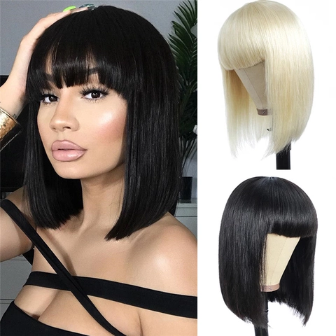 Women Short Straight Bob Wig With Flat Bangs Synthetic Heat Resistant Fiber Hair Black Gold Pink Gray Daily Cosplay Wig
