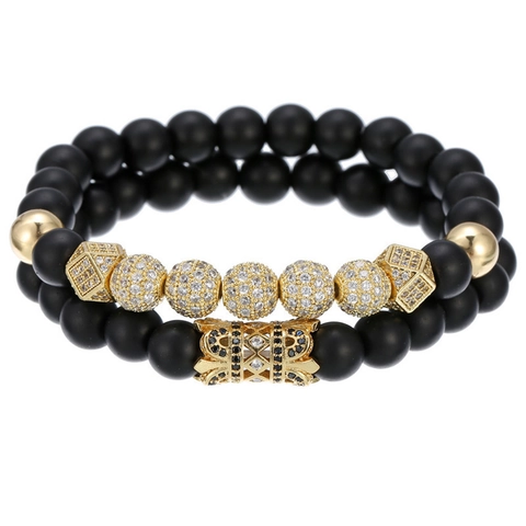 Bracelet En Perles Et Bracelet Breloque Couronne Avec Zircon Noir Pierre Mate Élastique Bijoux Mode
