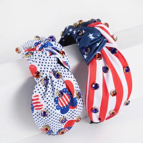 Knotted Headband With American Flag Print And Colorful Rhinestones For Independence Day Holiday Celebration For Women
